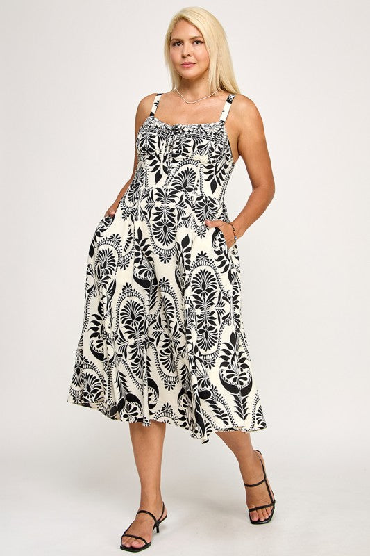 D5279X-3 Printed Smocked Midi Dress with Tie Front