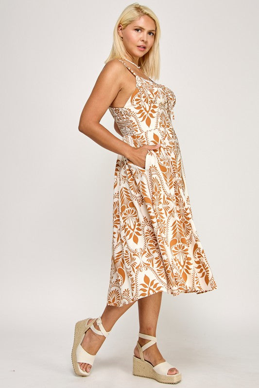 D5279X-3 Printed Smocked Midi Dress with Tie Front