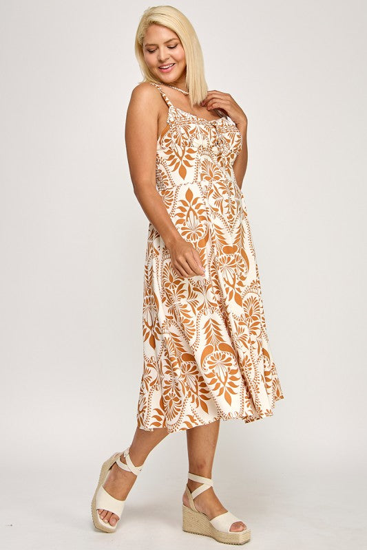 D5279X-3 Printed Smocked Midi Dress with Tie Front