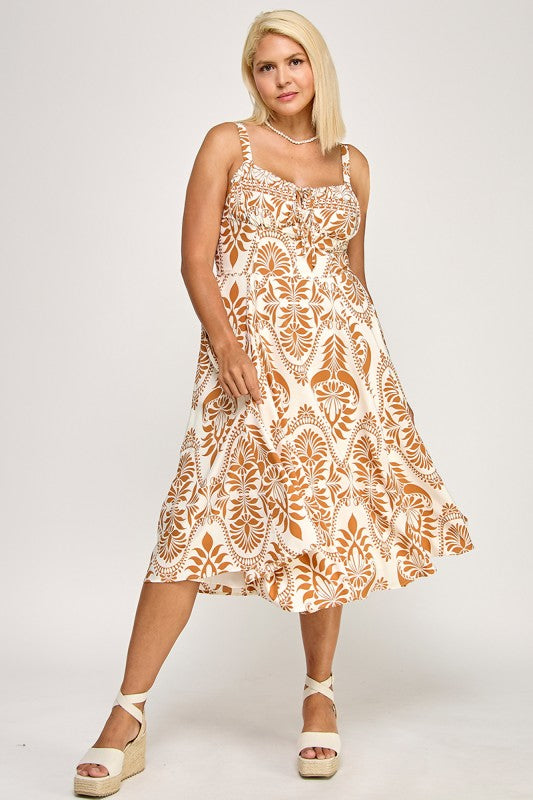 D5279X-3 Printed Smocked Midi Dress with Tie Front