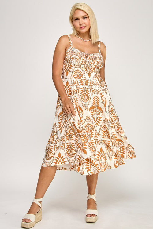 D5279X-3 Printed Smocked Midi Dress with Tie Front