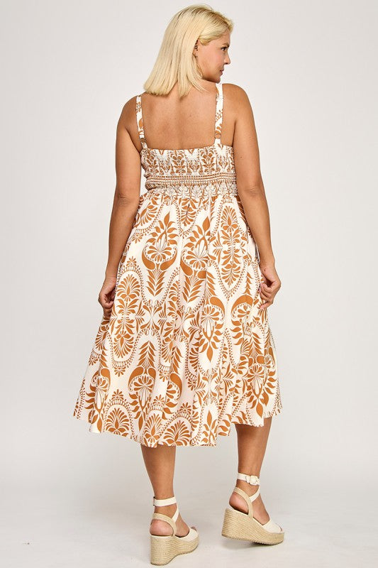 D5279X-3 Printed Smocked Midi Dress with Tie Front