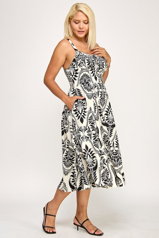 D5279X-3 Printed Smocked Midi Dress with Tie Front