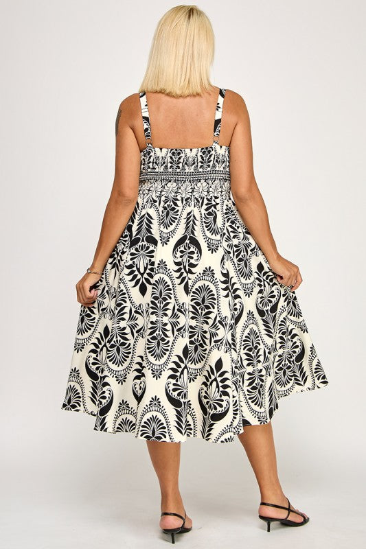 D5279X-3 Printed Smocked Midi Dress with Tie Front