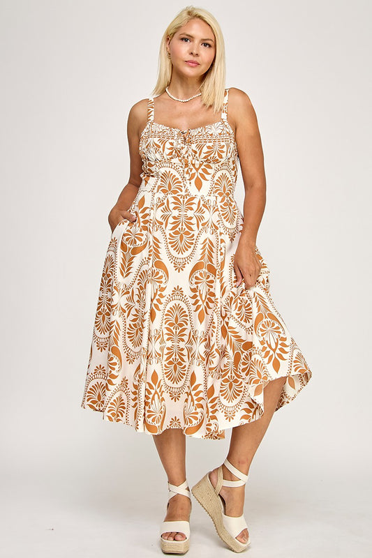 D5279X-3 Printed Smocked Midi Dress with Tie Front