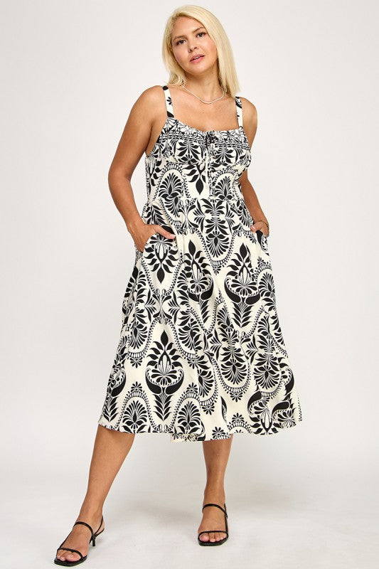 D5279X-3 Printed Smocked Midi Dress with Tie Front