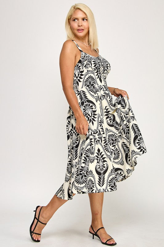 D5279X-3 Printed Smocked Midi Dress with Tie Front