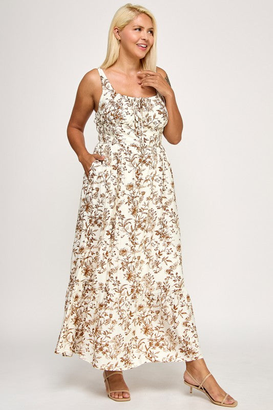 D5289X-2 Floral Smocked Maxi Dress with Tie Front