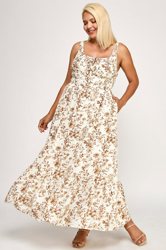 D5289X-2 Floral Smocked Maxi Dress with Tie Front