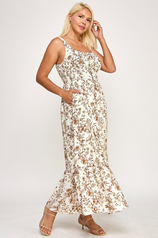 D5289X-2 Floral Smocked Maxi Dress with Tie Front