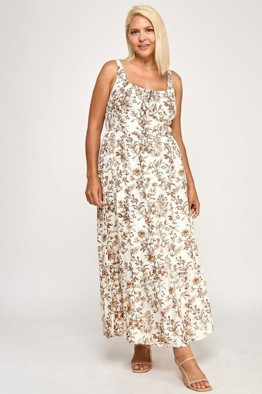 D5289X-2 Floral Smocked Maxi Dress with Tie Front