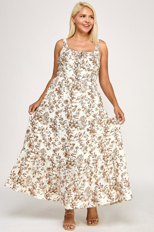 D5289X-2 Floral Smocked Maxi Dress with Tie Front