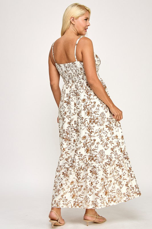 D5289X-2 Floral Smocked Maxi Dress with Tie Front