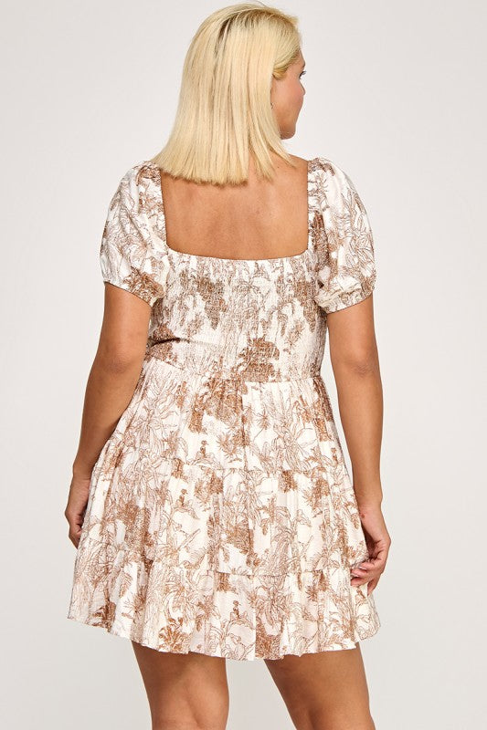 D5517X Tropical Puff Sleeve Smocked Mini Dress