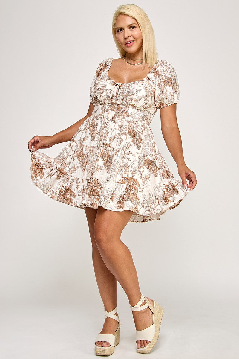 D5517X Tropical Puff Sleeve Smocked Mini Dress