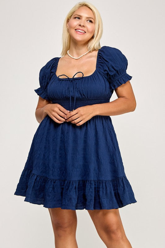 D5574X Plus Textured Puff Sleeve Smocked Mini Dress