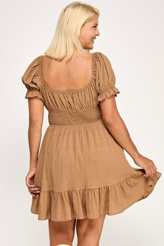 D5574X Plus Textured Puff Sleeve Smocked Mini Dress