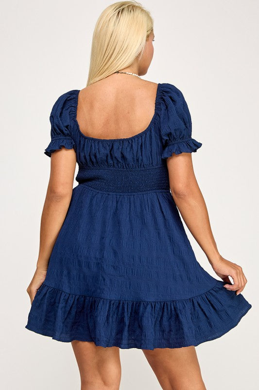 D5574X Plus Textured Puff Sleeve Smocked Mini Dress