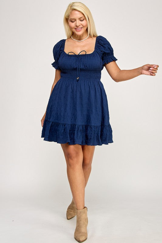 D5574X Plus Textured Puff Sleeve Smocked Mini Dress