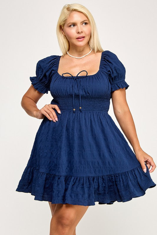 D5574X Plus Textured Puff Sleeve Smocked Mini Dress