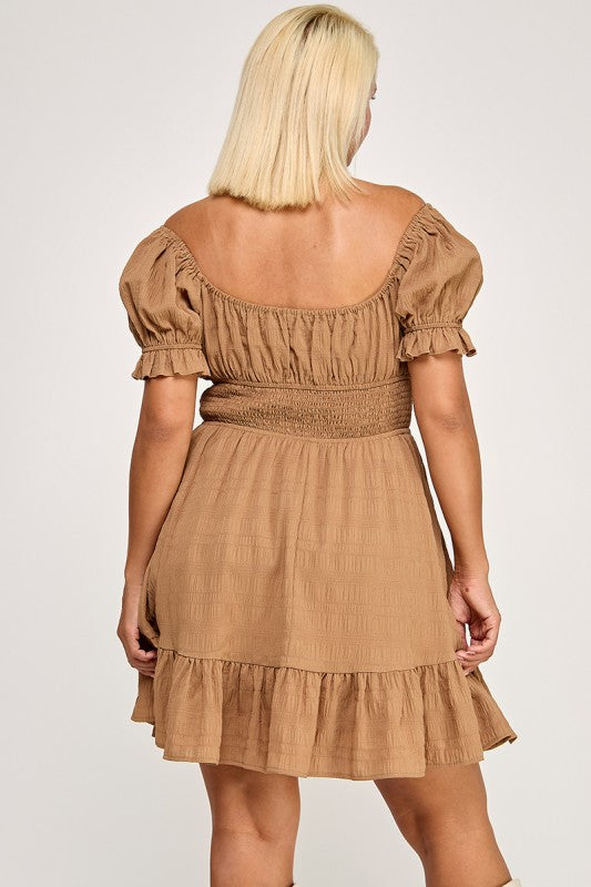 D5574X Plus Textured Puff Sleeve Smocked Mini Dress