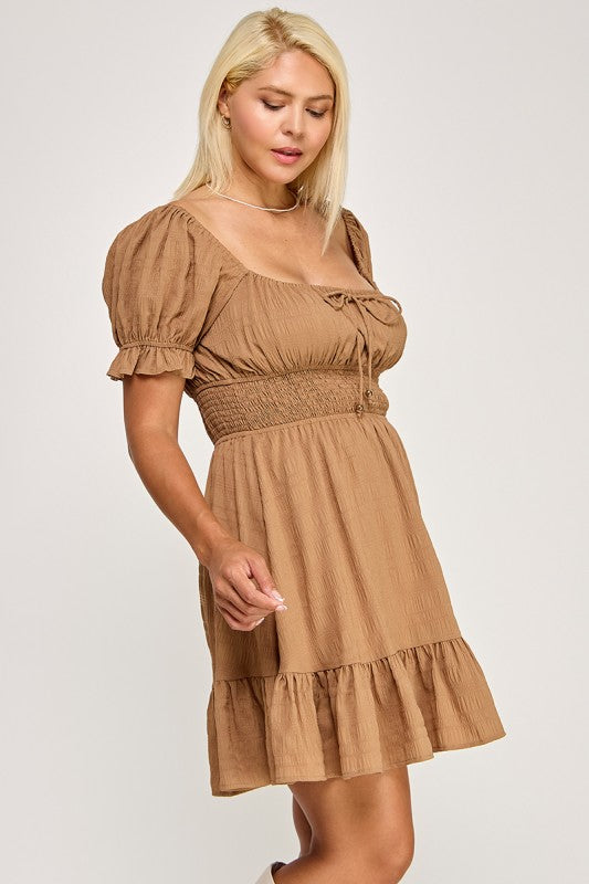 D5574X Plus Textured Puff Sleeve Smocked Mini Dress
