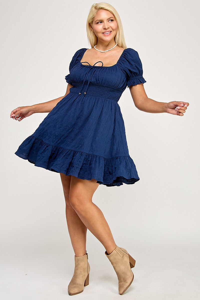 D5574X Plus Textured Puff Sleeve Smocked Mini Dress