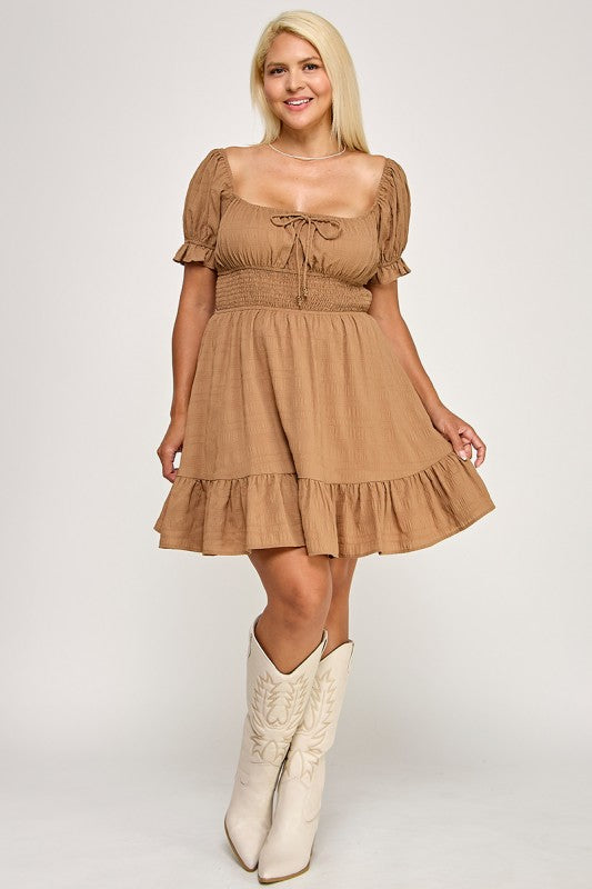 D5574X Plus Textured Puff Sleeve Smocked Mini Dress