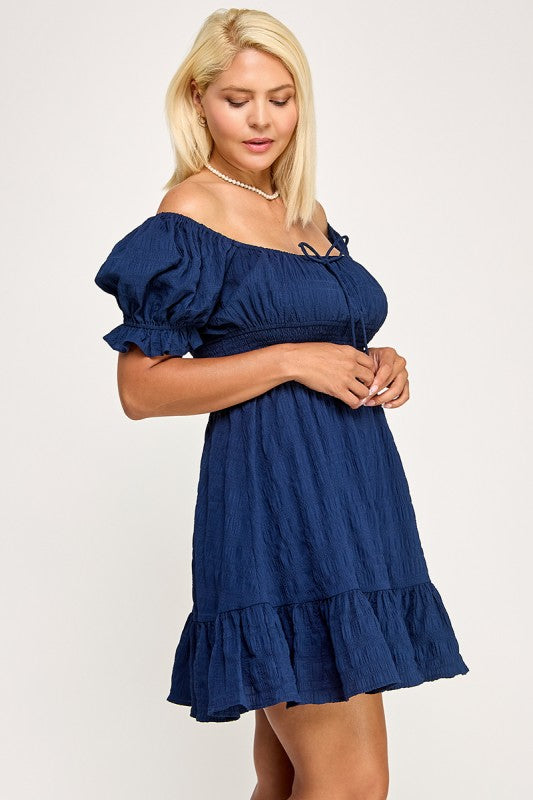 D5574X Plus Textured Puff Sleeve Smocked Mini Dress