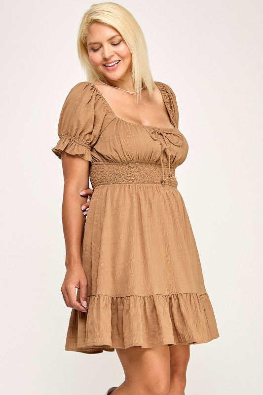 D5574X Plus Textured Puff Sleeve Smocked Mini Dress