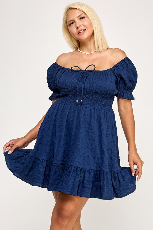 D5574X Plus Textured Puff Sleeve Smocked Mini Dress