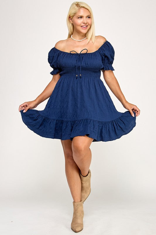D5574X Plus Textured Puff Sleeve Smocked Mini Dress
