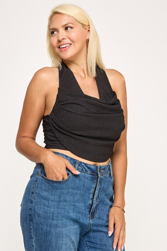 T5307X Plus Textured Halter Crop Top