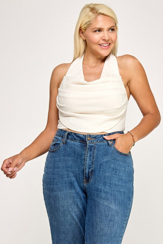 T5307X Plus Textured Halter Crop Top