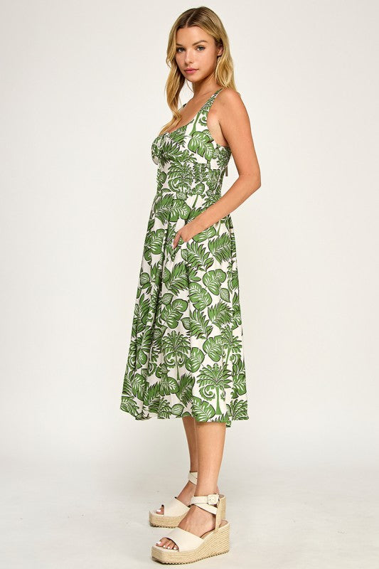 D5578-1 Tropical Leaf Print Midi Dress