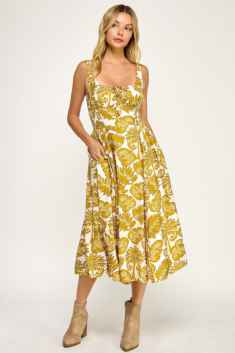 D5578-1 Tropical Leaf Print Midi Dress