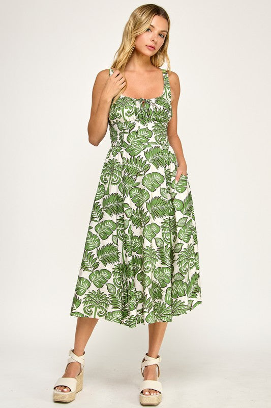 D5578-1 Tropical Leaf Print Midi Dress