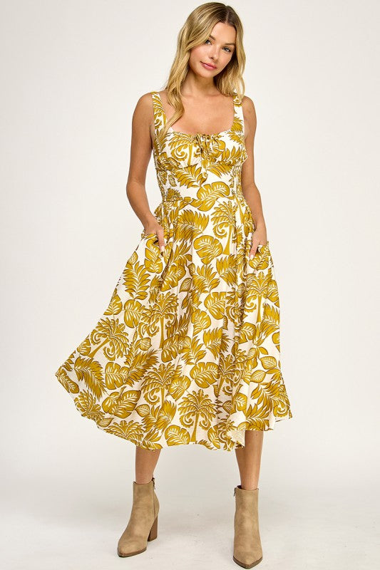 D5578-1 Tropical Leaf Print Midi Dress