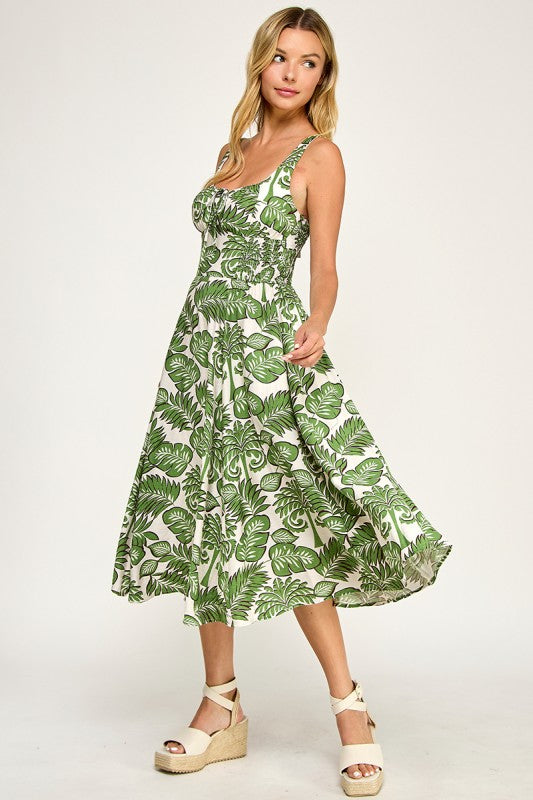 D5578-1 Tropical Leaf Print Midi Dress
