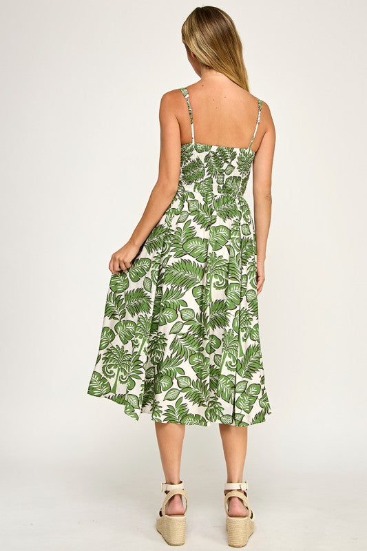 D5578-1 Tropical Leaf Print Midi Dress
