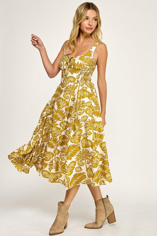 D5578-1 Tropical Leaf Print Midi Dress