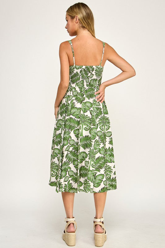 D5578-1 Tropical Leaf Print Midi Dress