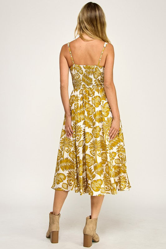 D5578-1 Tropical Leaf Print Midi Dress