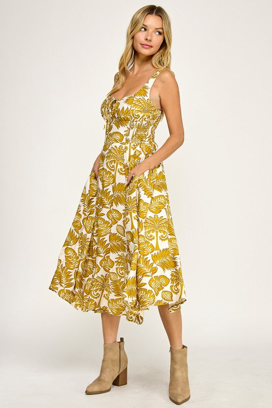 D5578-1 Tropical Leaf Print Midi Dress