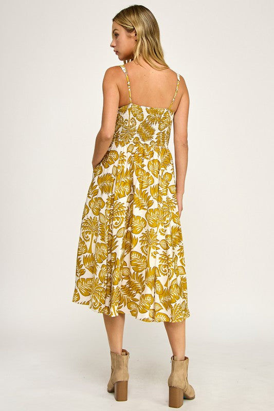 D5578-1 Tropical Leaf Print Midi Dress