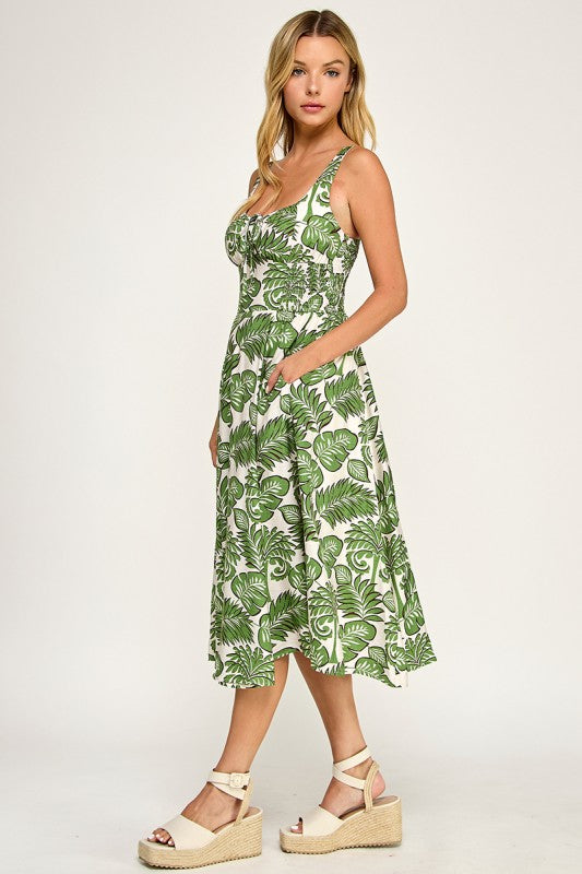 D5578-1 Tropical Leaf Print Midi Dress