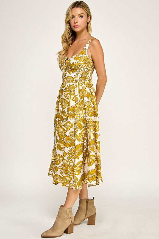 D5578-1 Tropical Leaf Print Midi Dress