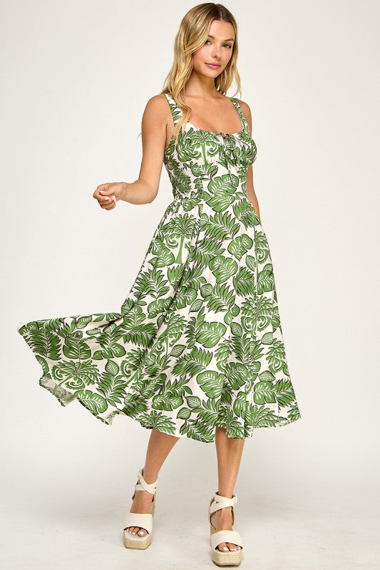 D5578-1 Tropical Leaf Print Midi Dress