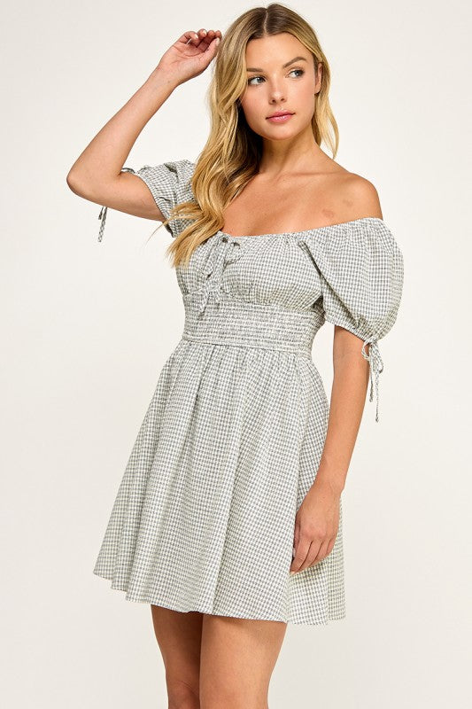 D5603 Gingham Puff Sleeve Smocked Mini Dress