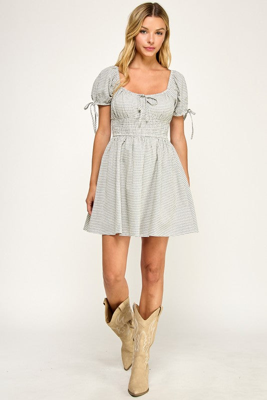 D5603 Gingham Puff Sleeve Smocked Mini Dress